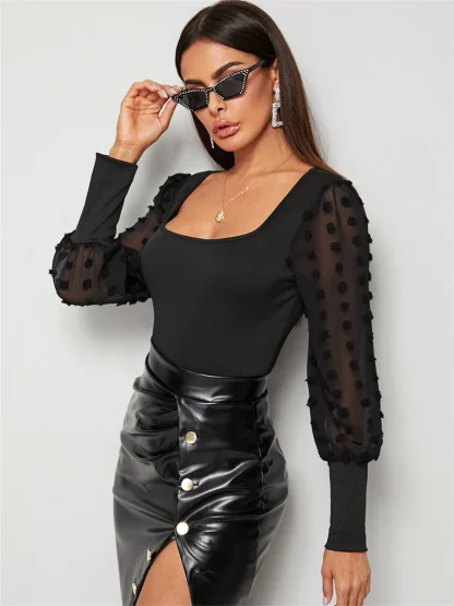 Square Neck Mesh Sleeve Bodysuit - Image 4
