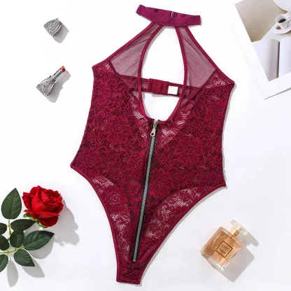 Open Front Zip-Up Lace Bodysuit - Image 5