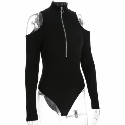 Black Ribbed Zipper Bodysuit - Image 4