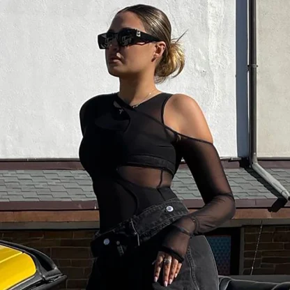 Chic Cross-Cut Mesh Bodysuit