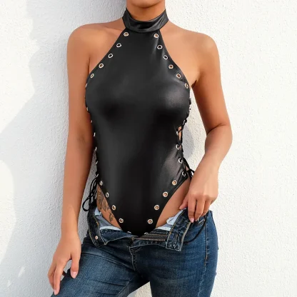 Chic Rivet Style Faux Leather Bodysuit - Image 2